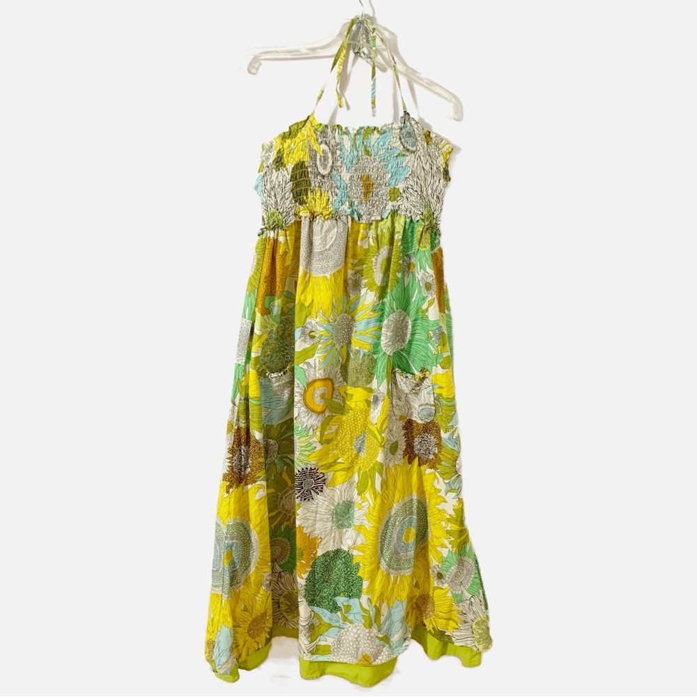 Liberty of London Halter Sundress Sunflowers Pockets Smocking Ties Around Neck🌻